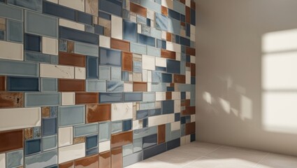 Wall Mural - A Modern Interior Featuring a Beautifully Tiled Wall Using Blue and Brown Patterns