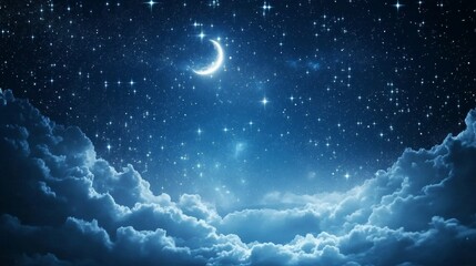 Poster - Painting of light blue particles with a sky and clouds as a backdrop