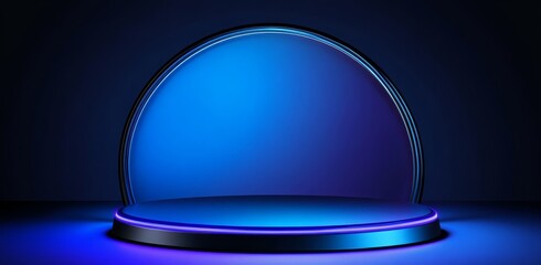 Poster - A futuristic hologram earth is displayed on a blue neon pedestal with digital innovations and technology.