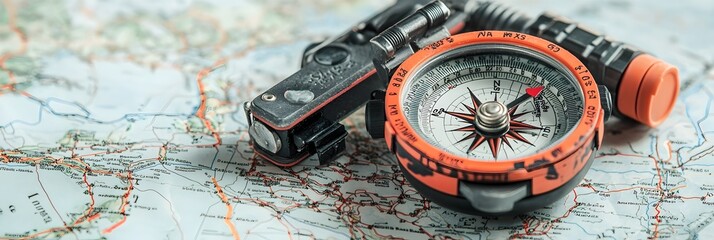 Aufkleber - Closeup view of a compass resting on a geographical map indicating a travel route and planning for an upcoming adventure or expedition