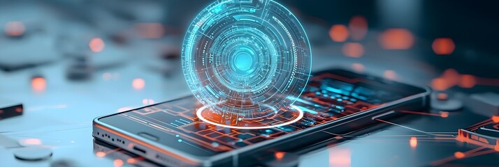 Poster - Cutting edge smartphone showcasing a 3D holographic user interface featuring a range of interactive virtual apps and digital experiences