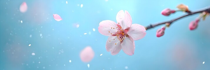 Aufkleber - Delicate cherry blossoms blooming in the spring season with soft pink petals gracefully floating mid air creating a serene and ethereal natural scene
