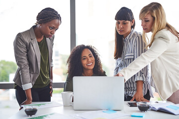Poster - Business women, laptop and conversation with PR management and planning campaign project. Teamwork, professional and diversity at media agency with press release and brand growth website in office