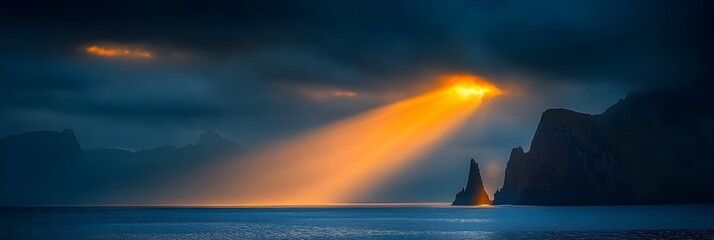Poster - Dramatic sun rays piercing through clouds creating a serene and ethereal atmosphere over a calm reflective ocean panorama