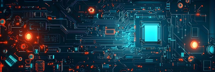Fototapete - Futuristic Abstract Glowing Circuit Board Patterns with Vibrant Neon Blue and Green Lights Representing Advanced Technology Innovation and Digital Connectivity