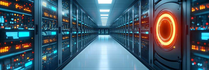 Leinwandbilder - Futuristic data center corridor featuring illuminated server racks showcasing the advanced technology and infrastructure that powers modern digital services and information systems