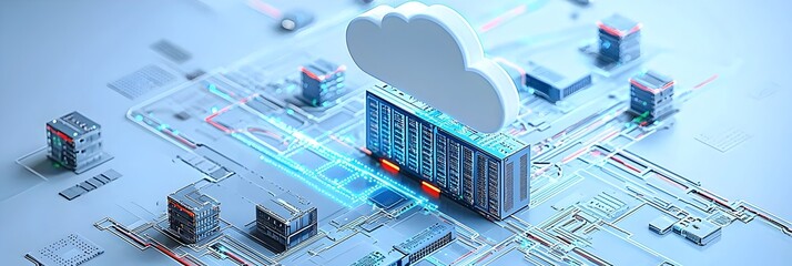Aufkleber - Futuristic visualization of data streams flowing between cloud servers and various connected devices representing the seamless exchange of information and digital connectivity in modern technology