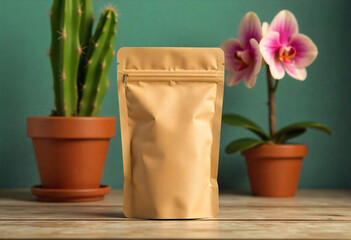 Wall Mural - A brown paper bag or pouch with a zipper closure, sitting on a wooden surface with some potted plants in the background