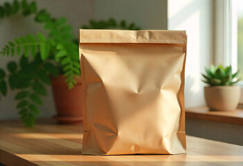 Wall Mural - A brown paper bag or pouch with a zipper closure, sitting on a wooden surface with some potted plants in the background