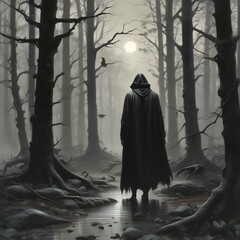 Illustration of dark spooky cloack person standing in creepy woods.