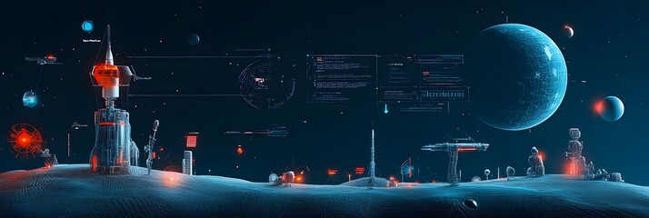 Fototapete - Glowing Futuristic Wireframe Shapes with Digital Textures and Cyber Aesthetics  Abstract 3D rendered background with minimalist geometric forms modern and innovative design