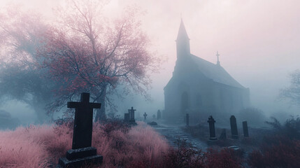 Wall Mural - A fog-covered graveyard next to a haunted house.