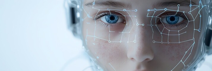 Poster - Innovative AI Powered Facial Recognition Interface Featuring a Human Face Overlaid with Intricate Grid Patterns Showcasing Advanced Biometric Authentication and Identification Technology