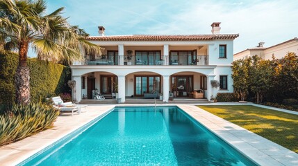 Poster - A luxury mansion with elegant design, large pool, and landscaped gardens, representing high real estate value and lucrative sales potential
