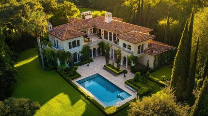 Poster - A luxury mansion with elegant design, large pool, and landscaped gardens, representing high real estate value and lucrative sales potential
