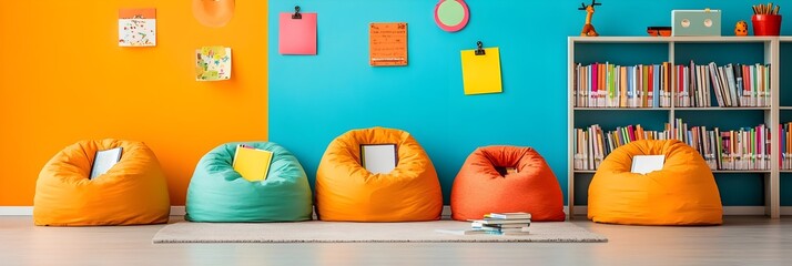 Aufkleber - Inviting library corner with vibrant lighting comfy bean bags and ample bookshelves creating a serene and inspiring space for reading learning and relaxation