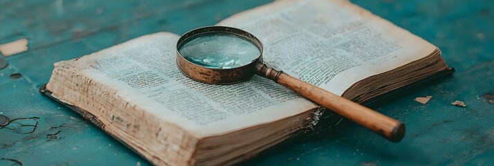 Poster - Magnifying glass resting on an open encyclopedia representing the concept of curiosity research and the pursuit of knowledge  The image symbolizes the desire to explore discover