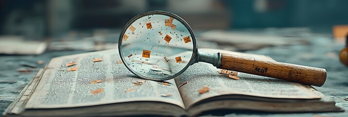 Poster - Magnifying glass resting on the open pages of an encyclopedia symbolizing the pursuit of knowledge research and curiosity  The image represents the desire to explore discover