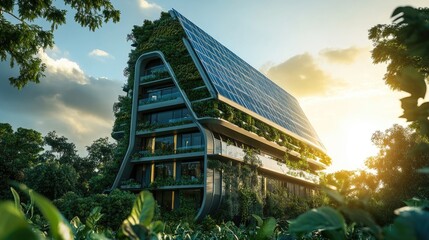 Fototapete - A stylish eco-friendly building with solar panels and green architecture, representing a profitable and sustainable real estate opportunity