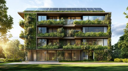 Fototapete - A stylish eco-friendly building with solar panels and green architecture, representing a profitable and sustainable real estate opportunity
