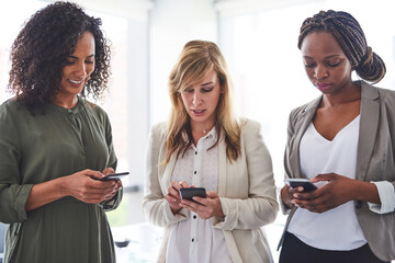 Aufkleber - Collaboration, diversity and phone with business women in office together for communication or networking. App, social media or text message with employee people in workplace for contact or update