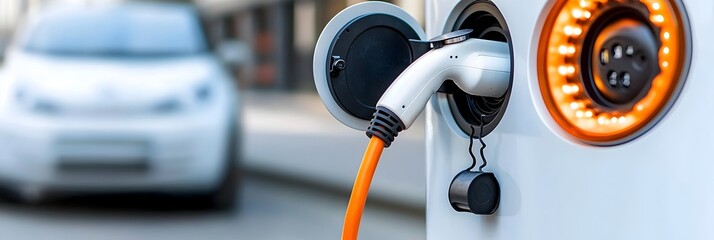 Aufkleber - Minimalist and modern electric car charging station with a plugged in charging cable  Concept of sustainable transportation renewable energy and eco friendly urban infrastructure