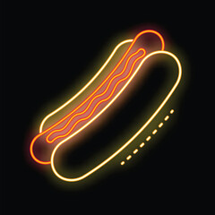 Poster - bright neon sign representing a hot dog with mustard, glowing on a black background