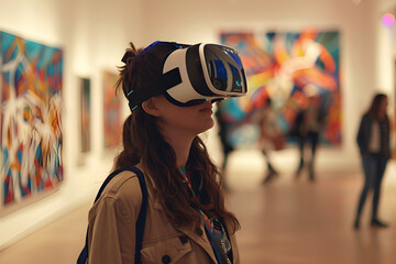 A young woman wearing a VR headset explores an art gallery exhibition of modern paintings and digital images, experiencing a virtual reality experience in a contemporary museum, Generative AI