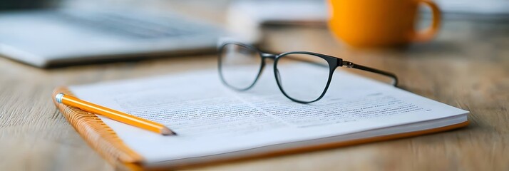 Aufkleber - Overhead view of an open textbook lying on a wooden desk with a pencil and pair of glasses placed beside it representing the tools and environment of academic study and learning