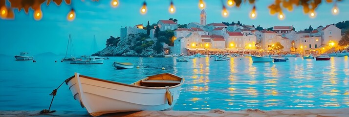 Poster - Picturesque seaside village at dusk with boats gently rocking in the calm waters near the shore creating a tranquil and serene coastal landscape