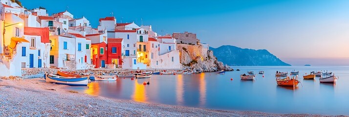 Poster - Picturesque seaside village nestled along the coast with boats gently anchored near the shore as the sky fades into a serene dusk