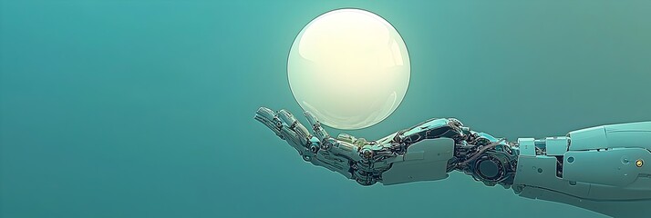 Poster - Robotic hand holding a luminous glowing sphere symbolizing the power and potential of intelligence and technological innovation  This futuristic