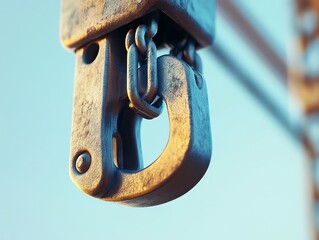 Heavy-duty hook on metallic chain with blurred background.