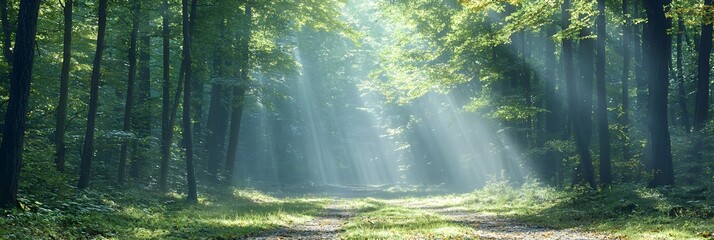 Poster - Soft dappled sunlight filtering through the dense lush foliage of a tranquil forest canopy casting a serene and calming atmosphere