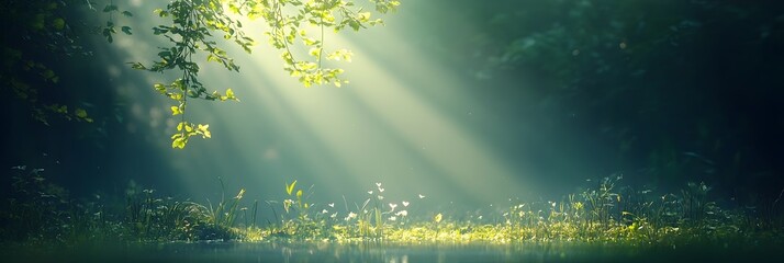 Aufkleber - Soft golden sunlight filtering through the dense foliage of a lush forest casting a gentle play of shadows on the woodland floor below  A tranquil serene natural landscape
