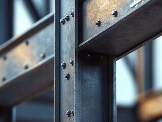 Close-up of metal structure showing bolts and beams in industrial setting.