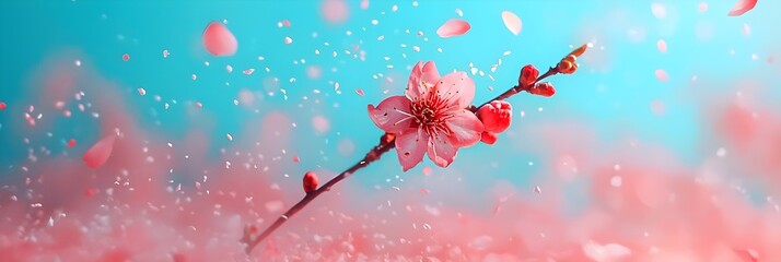 Poster - Stunning Cherry Blossom Flowers Blooming in a Picturesque Spring Landscape with Soft Pink Petals Floating Gently in the Air against a Serene Natural Background