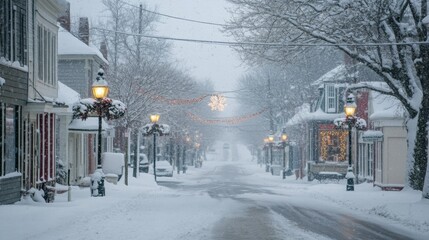 Poster - A serene village street is coated in fresh snow, with snowflakes gently falling. Streetlights illuminate the path, and charming decorations add a festive touch, creating a tranquil winter wonderland.