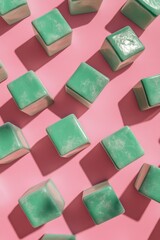 A collection of green cubes arranged on a bright pink surface