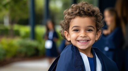 A cheerful young boy with curly hair smiling brightly in a school setting, with classmates blurred in the background. The image captures joy and excitement on a sunny day