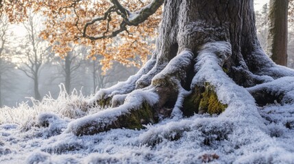Poster - The intricate roots of a large tree are blanketed with frost, surrounded by frozen ground and sparse autumn leaves. This tranquil winter morning captures the beauty of nature in a peaceful setting.