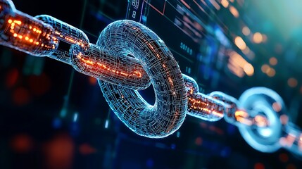 Poster - A close-up view of digital blockchain links, showcasing a futuristic network of connections and encrypted data in vibrant colors, representing innovation in technology.
