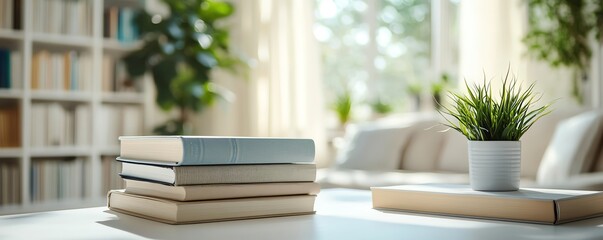 Cropped image of a white table showcasing books and stationery, featuring clear copy space, with a gently blurred study room in the background for a warm feel