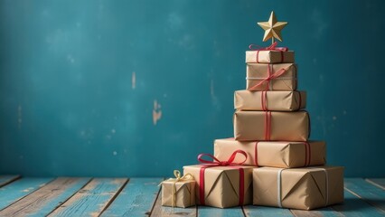 Festive gift boxes with star on top on blue wood floor and wall for Christmas décor