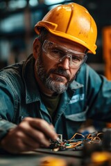 A person in a hard hat works on a piece of heavy equipment