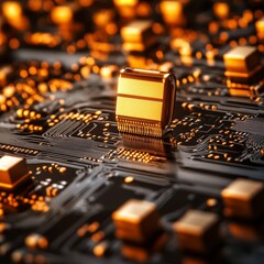 Poster - Golden CPU Chip On The Mainboard A Concept Of Technology, Computers, And Electronics.
