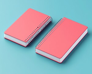 3D isometric illustration of a spiral notebook in both closed and open positions, flat style, isolated vector suitable for presentations, infographics, and websites