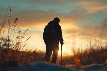 A person stands alone in a vast field as the sun sets behind them, casting a warm orange glow