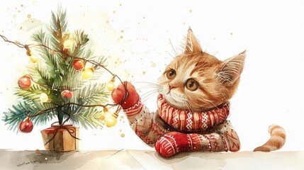 Wall Mural - A vintage watercolor illustration of a cat dressed in a sweater, holding a Christmas tree adorned with a glowing garland, set against a white background