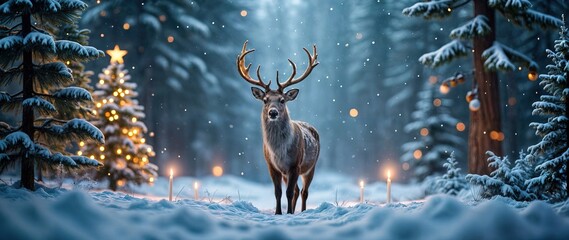 Christmas banner with magical scene of a reindeer in center in snowy forest with Christmas trees with lights and stars with copy space